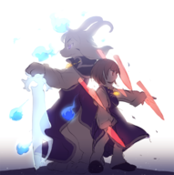asriel_dreemurr asriel_dreemurr_(god_of_hyperdeath) chara fire human knife magic monster sword undertale unknown_artist // 1212x1220 // 880KB